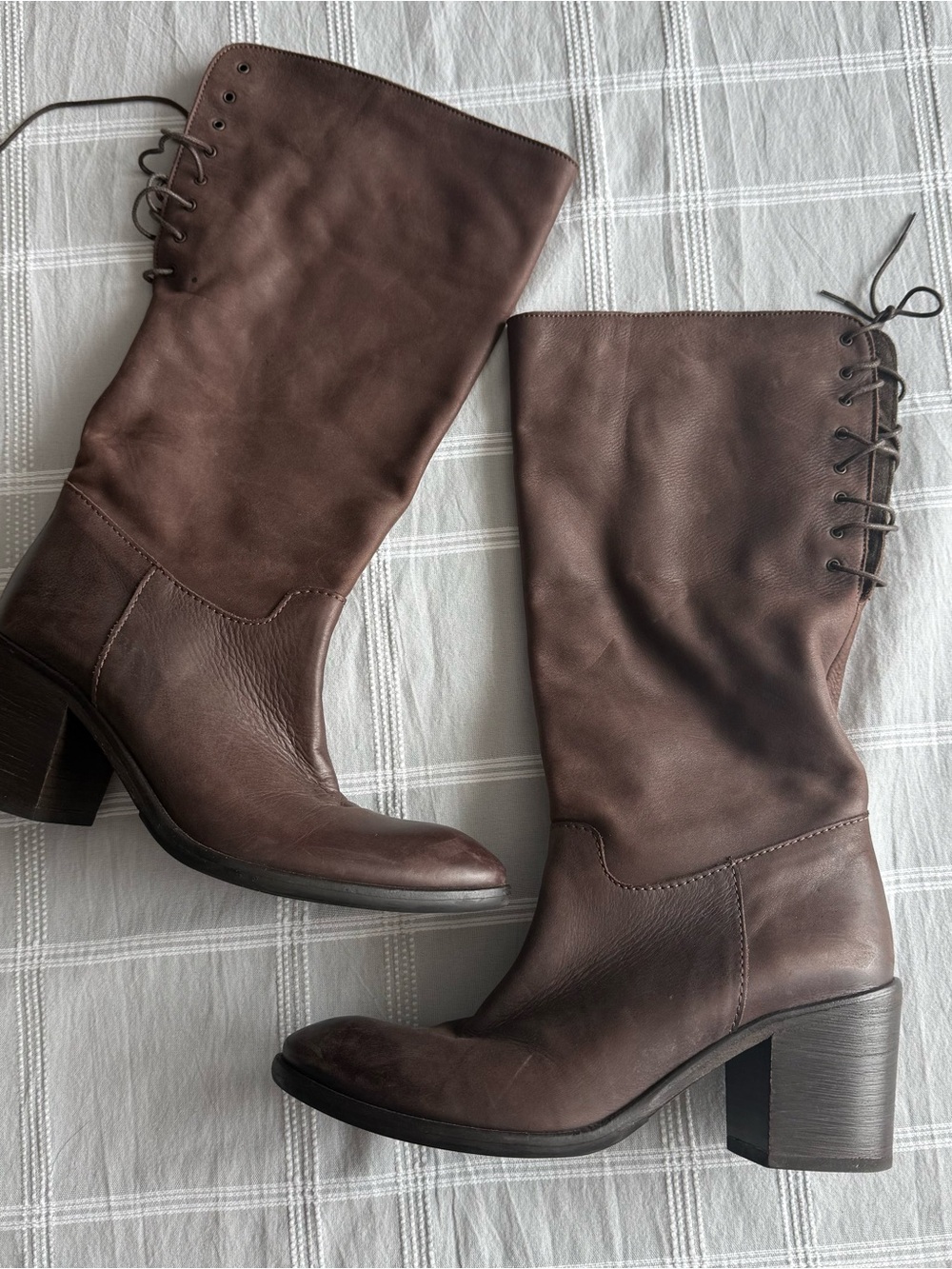 Sesto Meucci Brown Leather Mid-Calf Block Heel Boots with Back Lacing